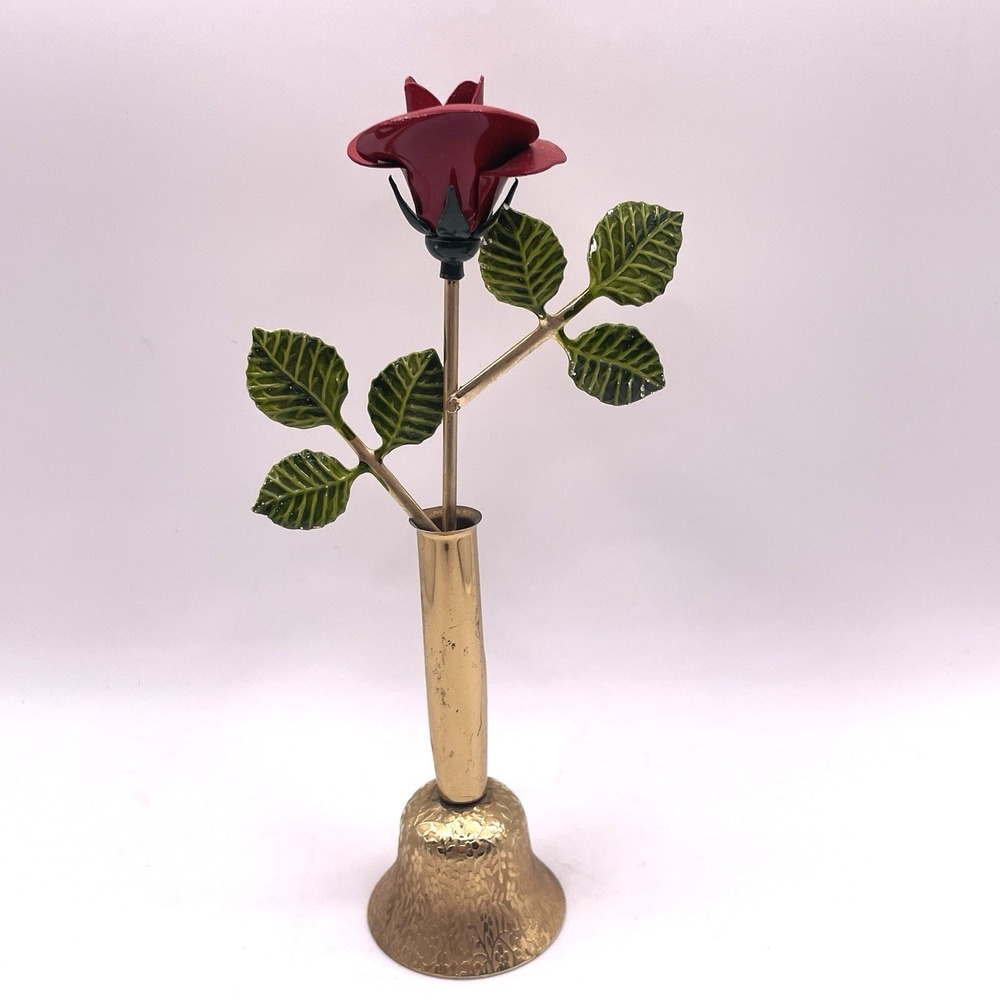 Vintage Seymour‎ Mann Brass Bell Bud Vase Red Rose Enamel Leaves 6" Height